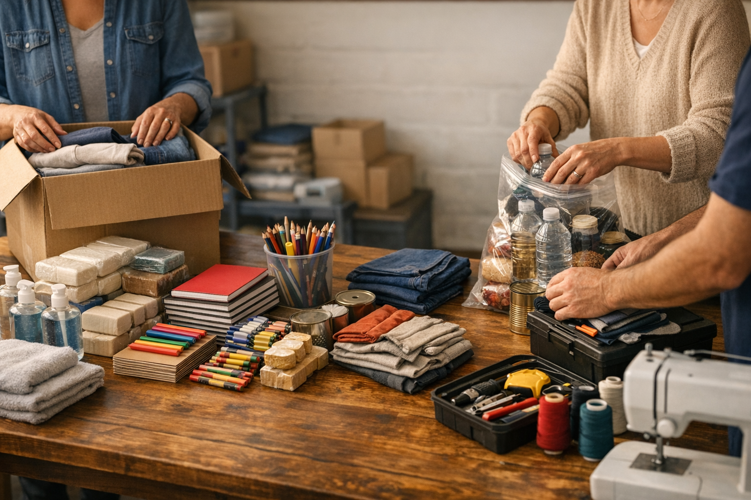 Volunteers organizing school supplies, aid items, and training materials for practical support.